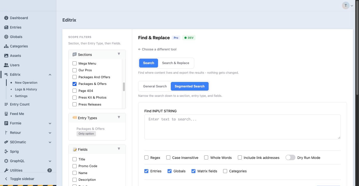 Segmented Search with Scope Filters for sections, entry types and fields